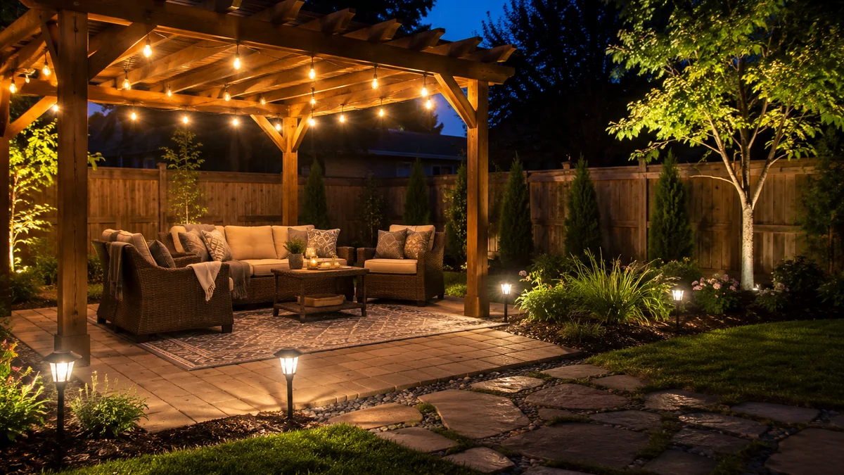 Small backyard with string lights, solar path lights, and an outdoor rug