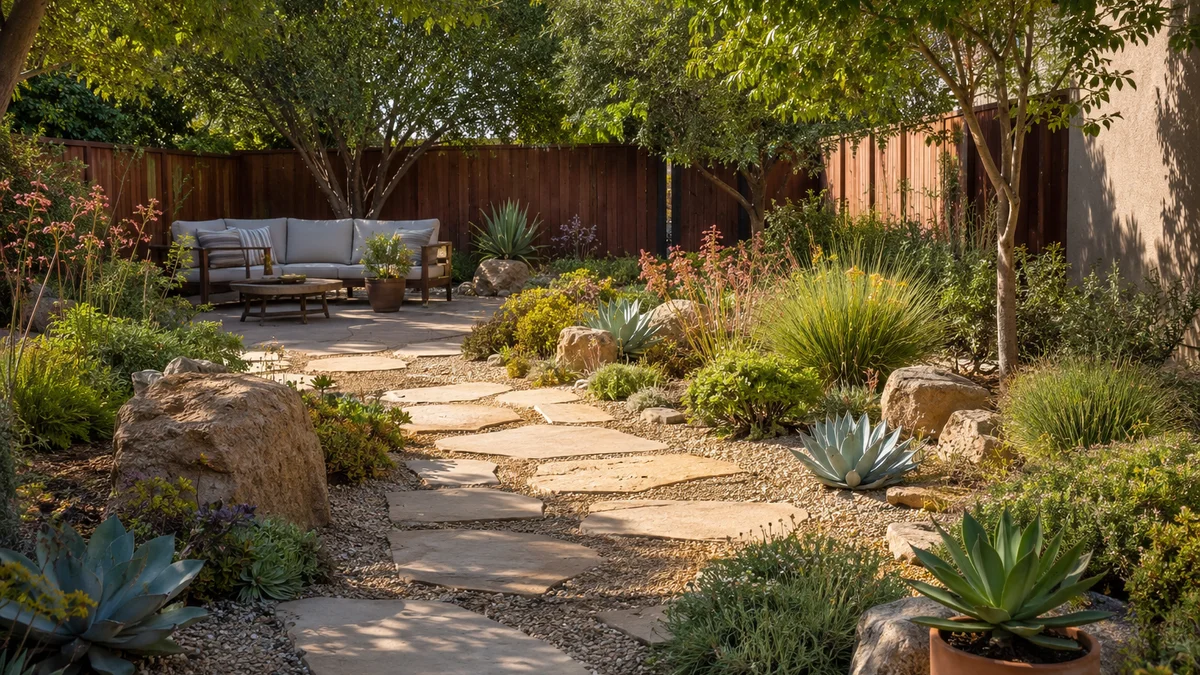 Low maintenance backyard with drought-tolerant plants and stone paths