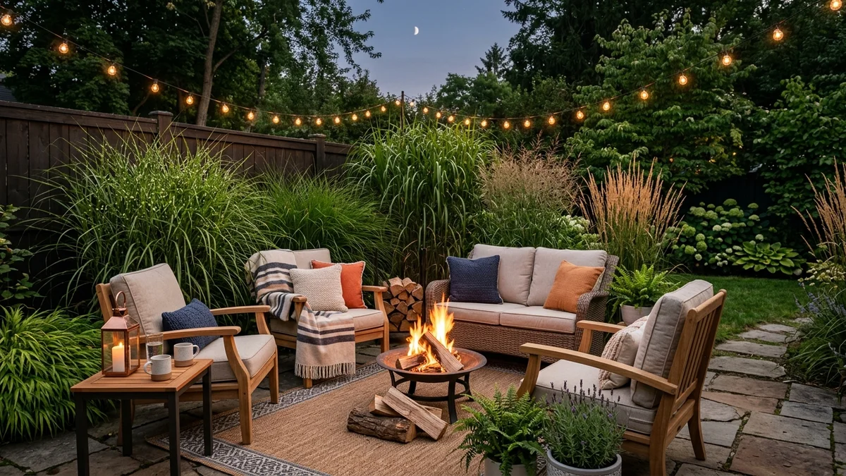 A cozy backyard patio with a fire pit, seating, and string lights at dusk.