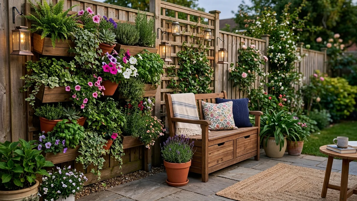 A small patio with a vertical garden, storage bench, and solar lanterns.