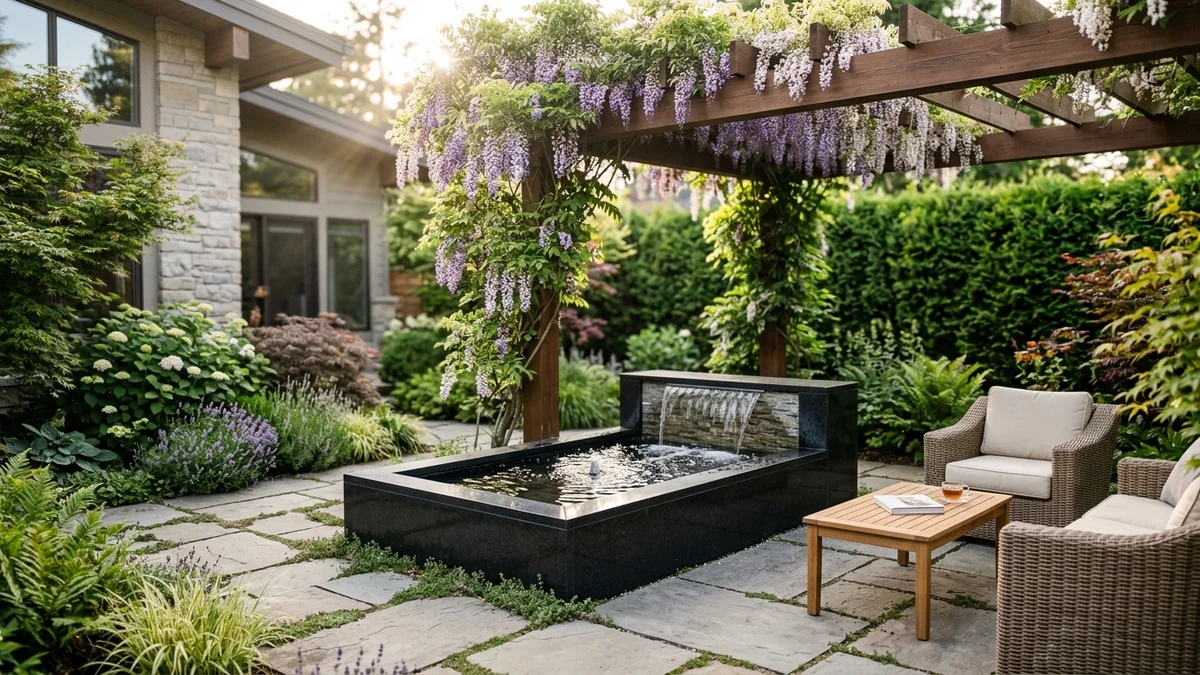 A patio with a modern water feature and pergola with flowering vines.