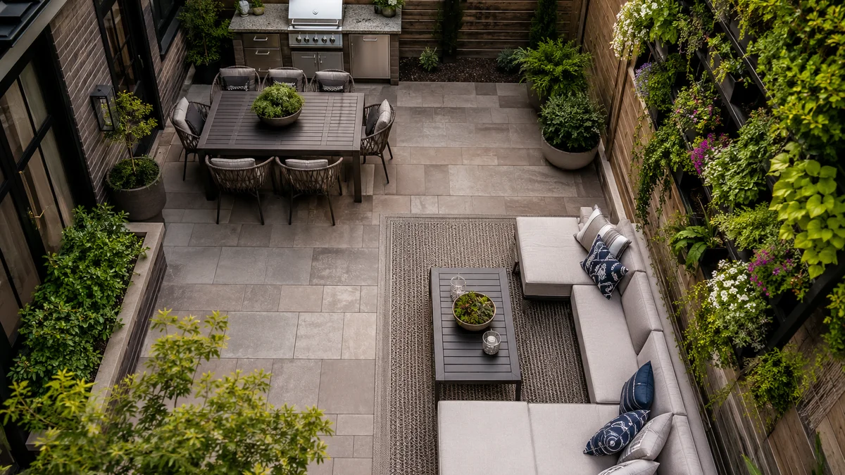 Overhead view of a small backyard patio with distinct zones and vertical garden