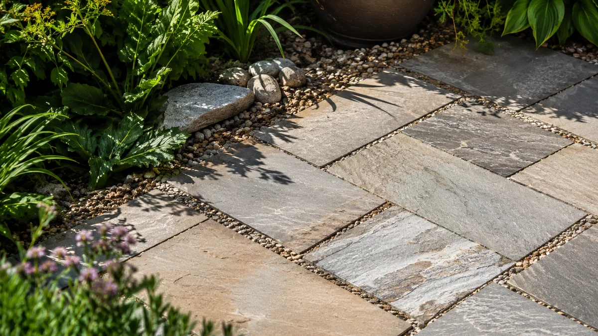 Stone pavers and gravel on a small patio with lush plants