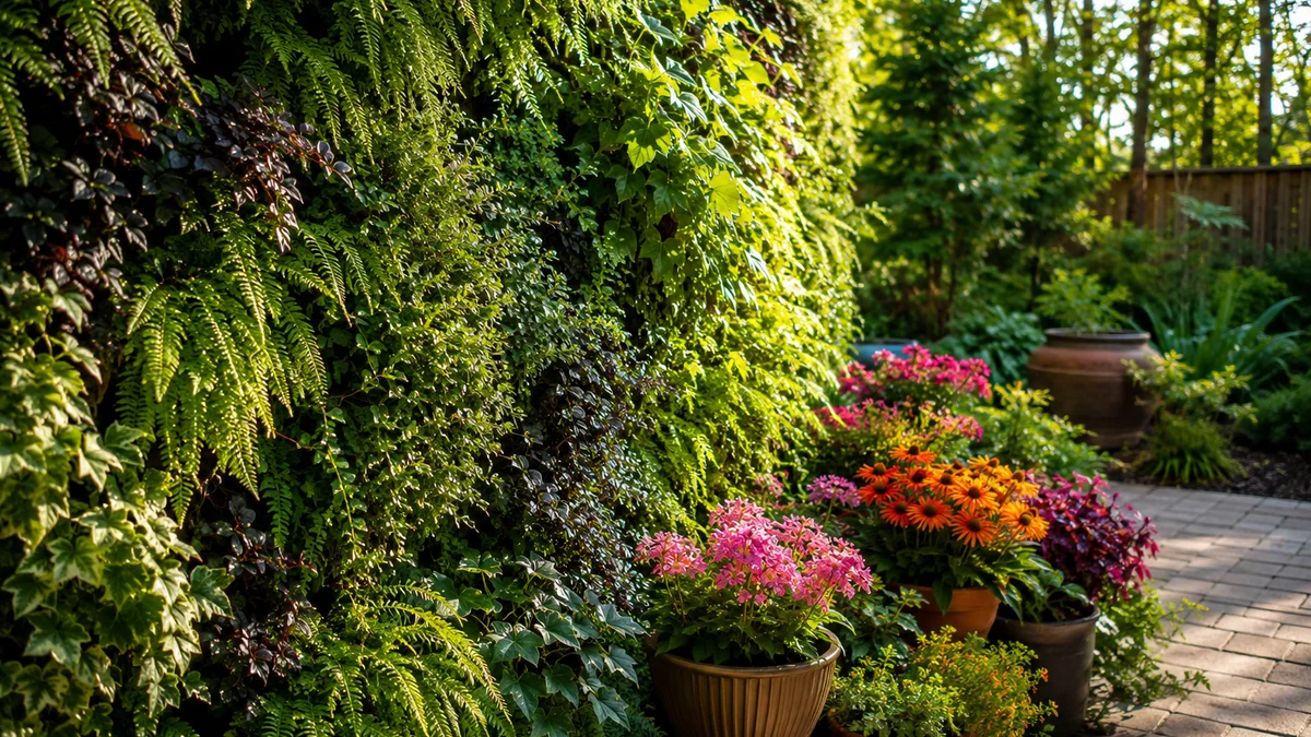 Vertical garden wall with ferns and ivy next to potted flowers