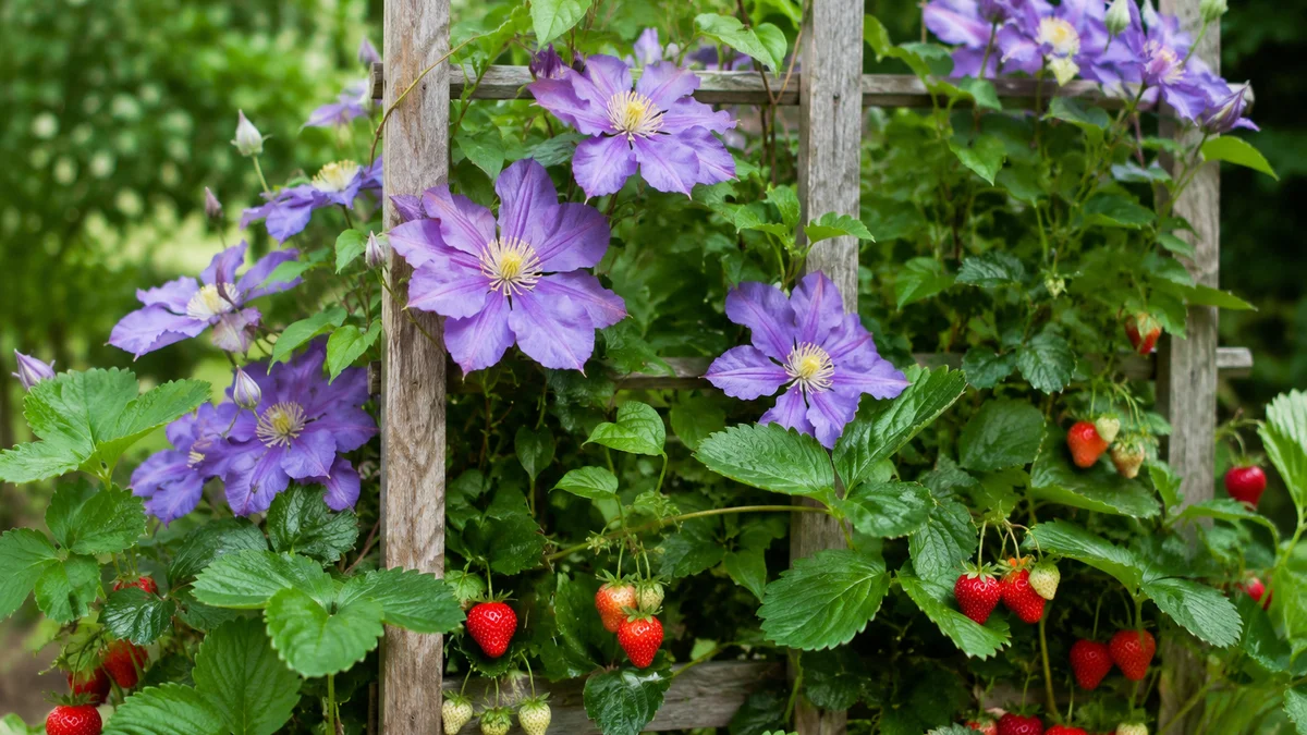 Vertical garden with clematis and strawberries on a wooden trellis