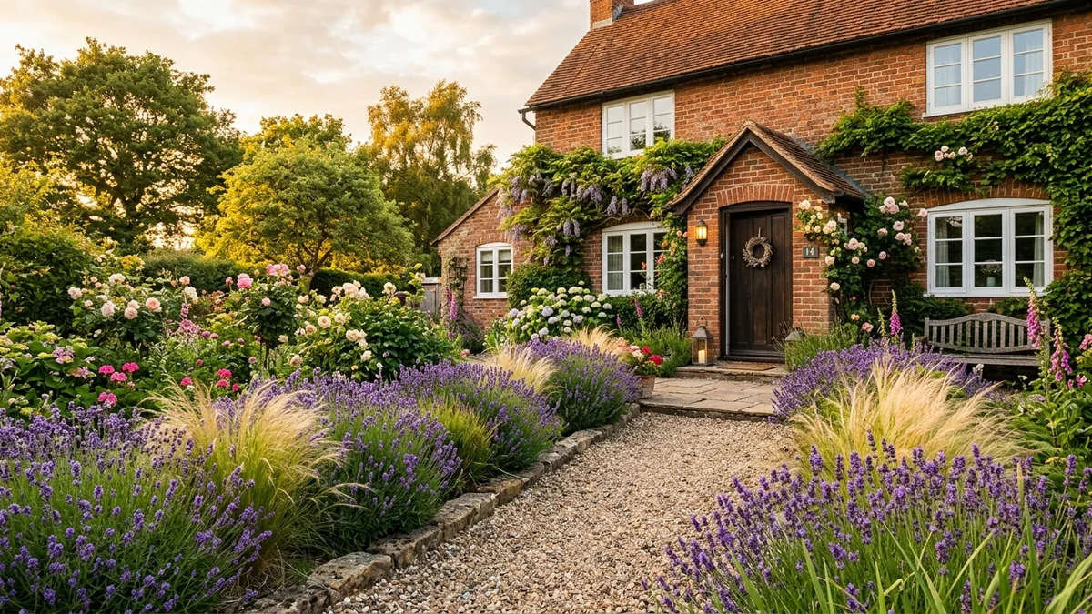 Gravel pathway with lavender and grasses in a small front yard