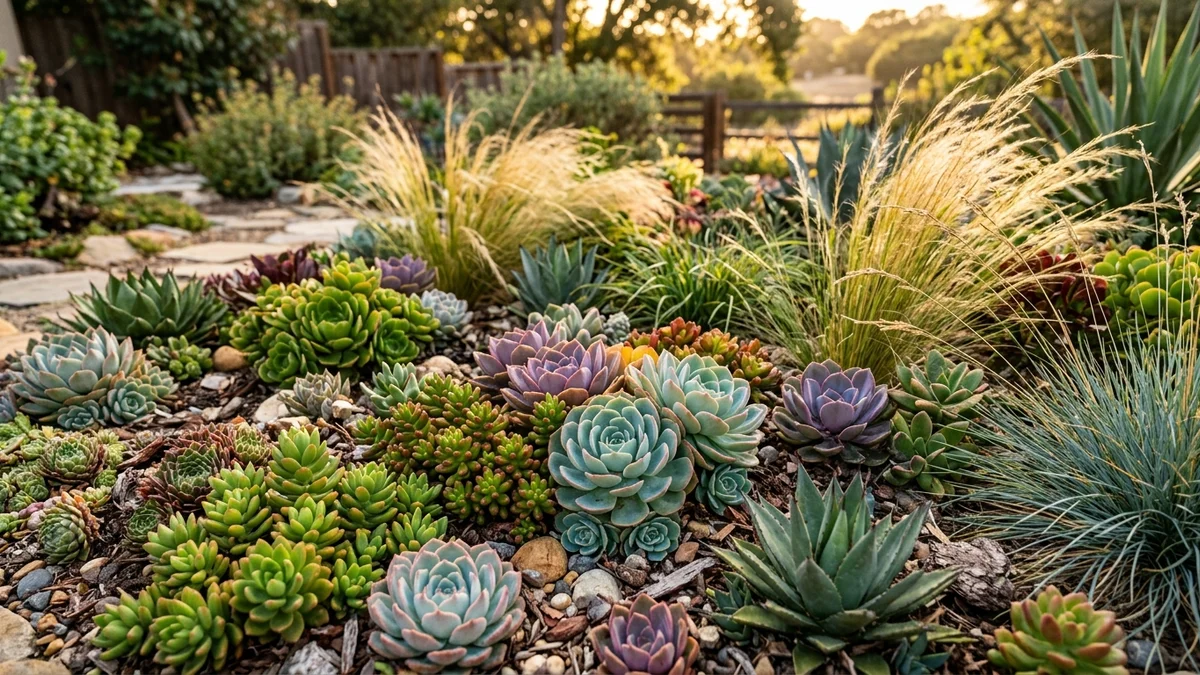 Succulents and grasses in a sunlit garden bed