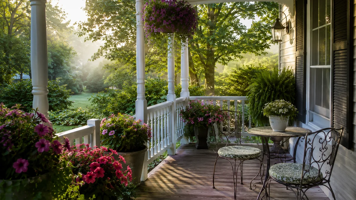 A front porch with a bistro set and colorful flowers