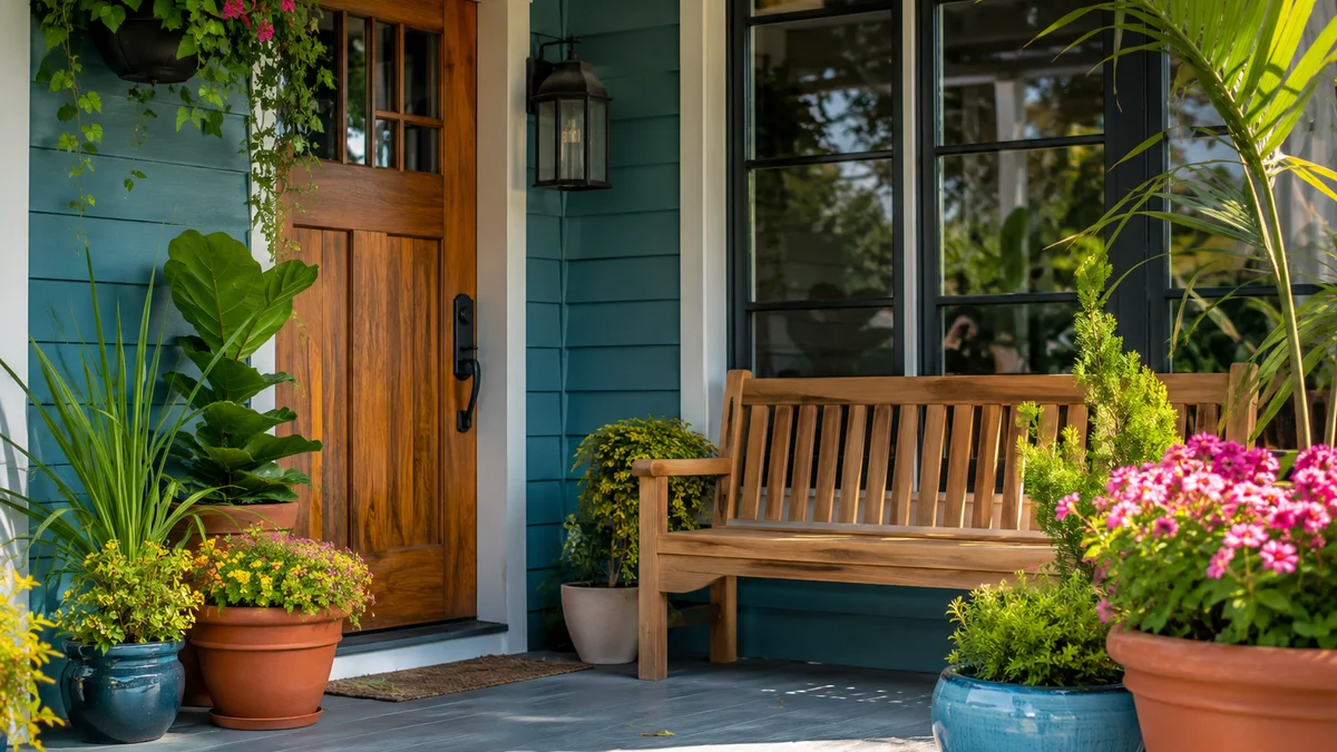 A front porch with bright colors and diverse potted plants
