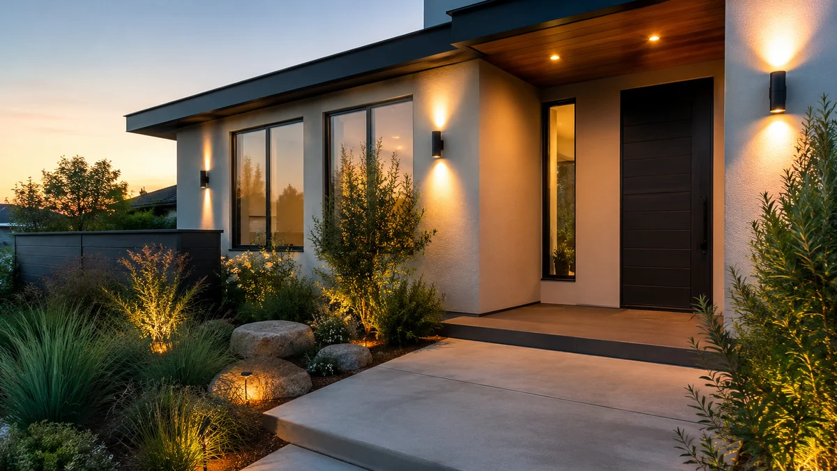 A modern front porch with minimalist design and outdoor lighting