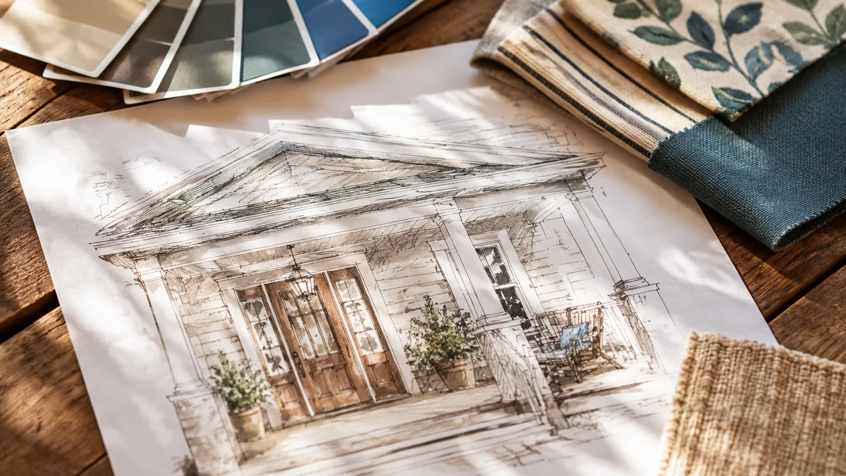 A hand-drawn porch design sketch with color and fabric samples