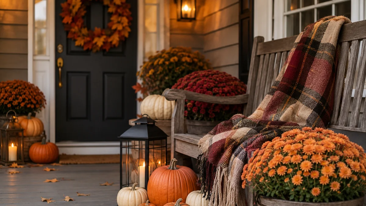 A front porch with autumn decorations like pumpkins and lanterns