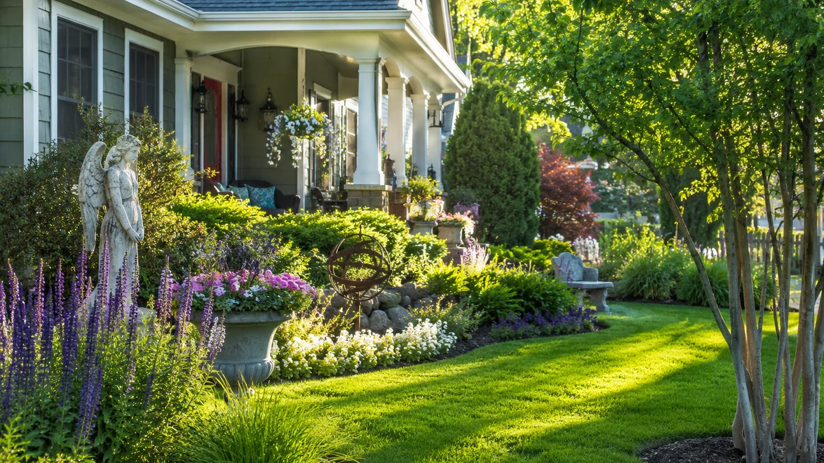 A well-maintained front yard with flowers and garden ornaments in morning light.