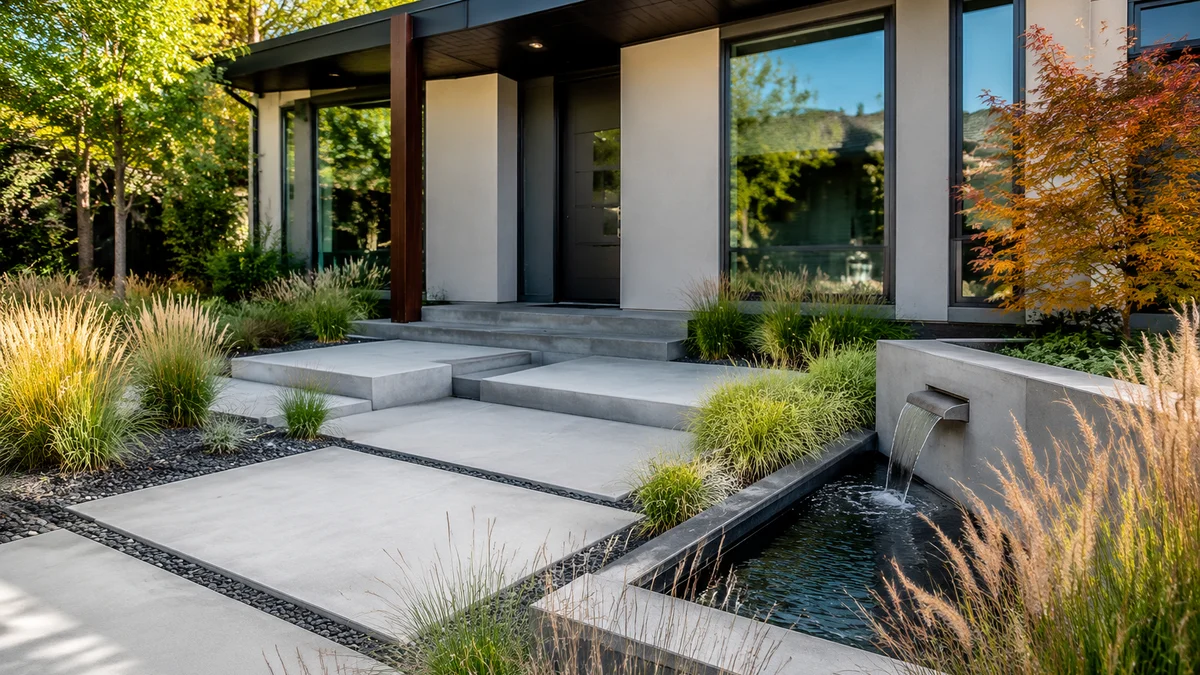 A modern minimalist front yard with concrete pavers and ornamental grasses.