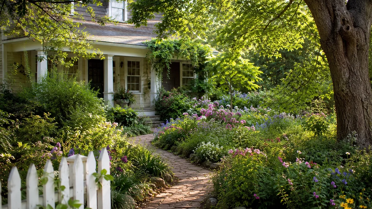 A cottage-style front yard with winding paths and wildflowers.