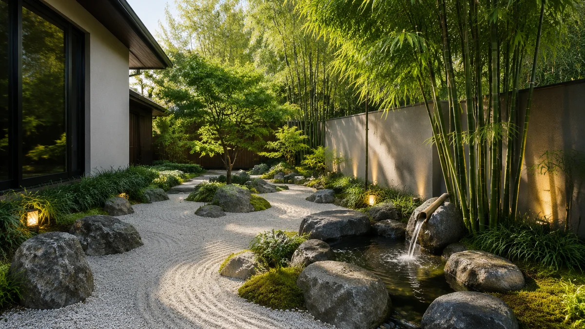 A zen garden front yard with bamboo and raked gravel.
