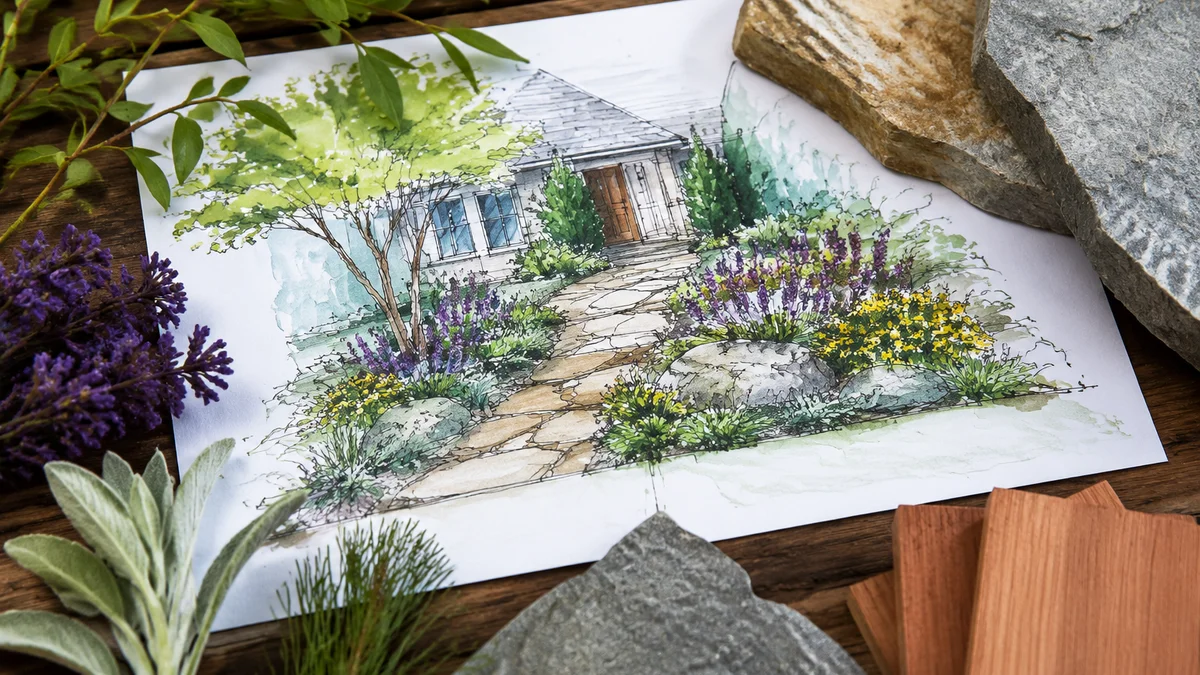 A hand-drawn sketch of a front yard design with plant and material samples.