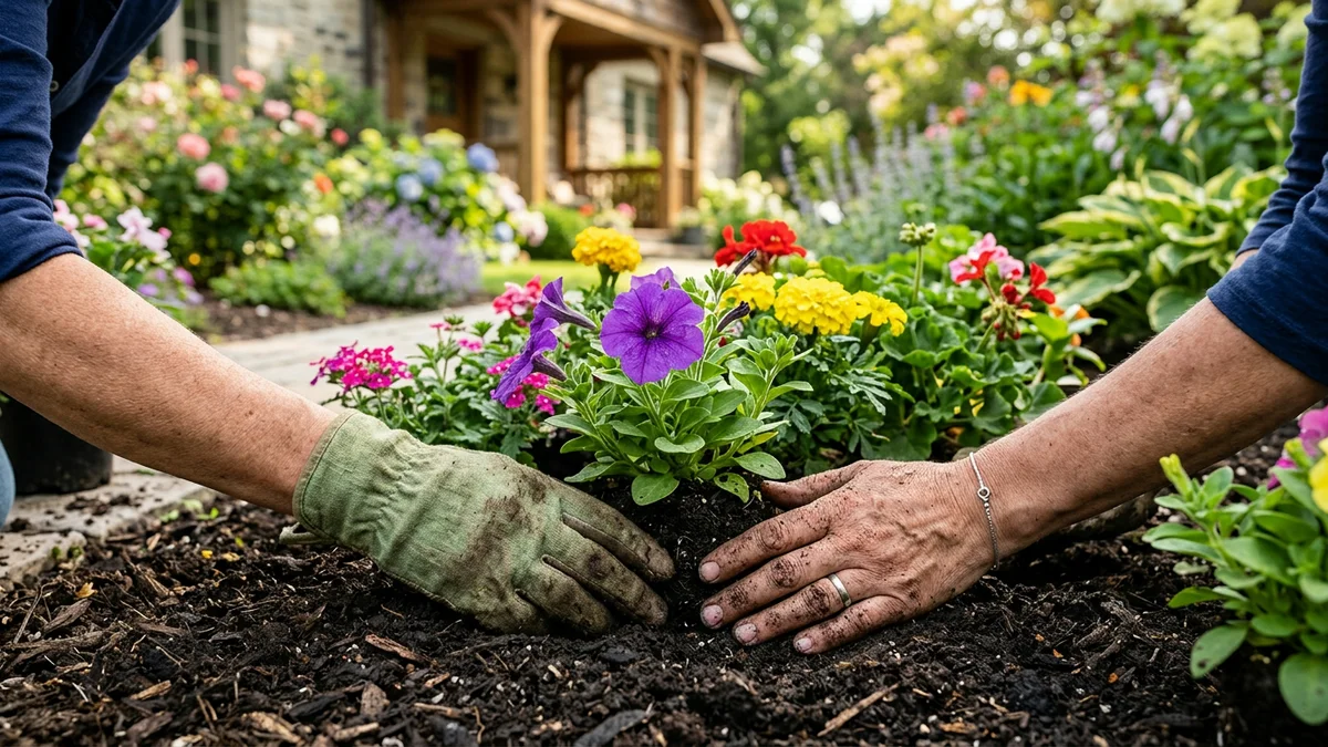 Gardener planting colorful flowers in rich soil