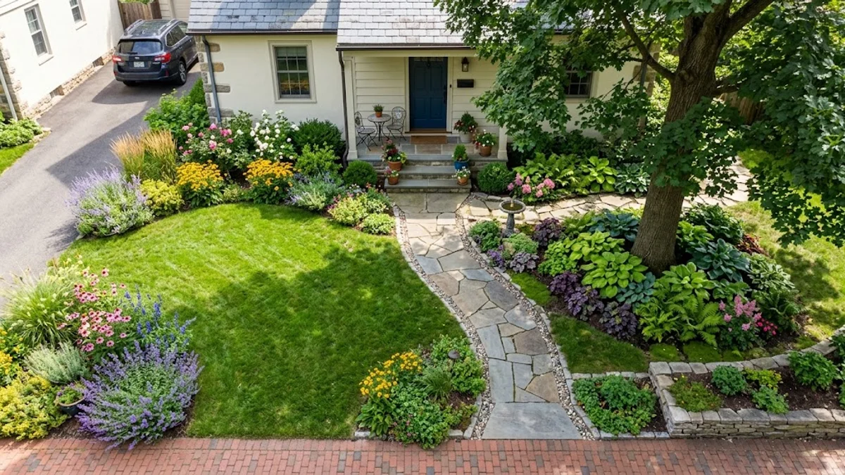 Overhead view of a small front yard with a mix of sunny and shaded plants