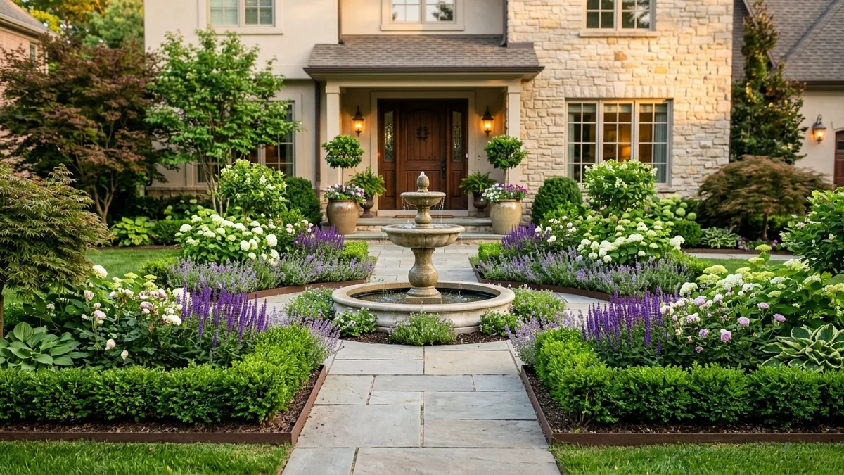 Harmonious front yard design with a water feature and symmetrical plantings