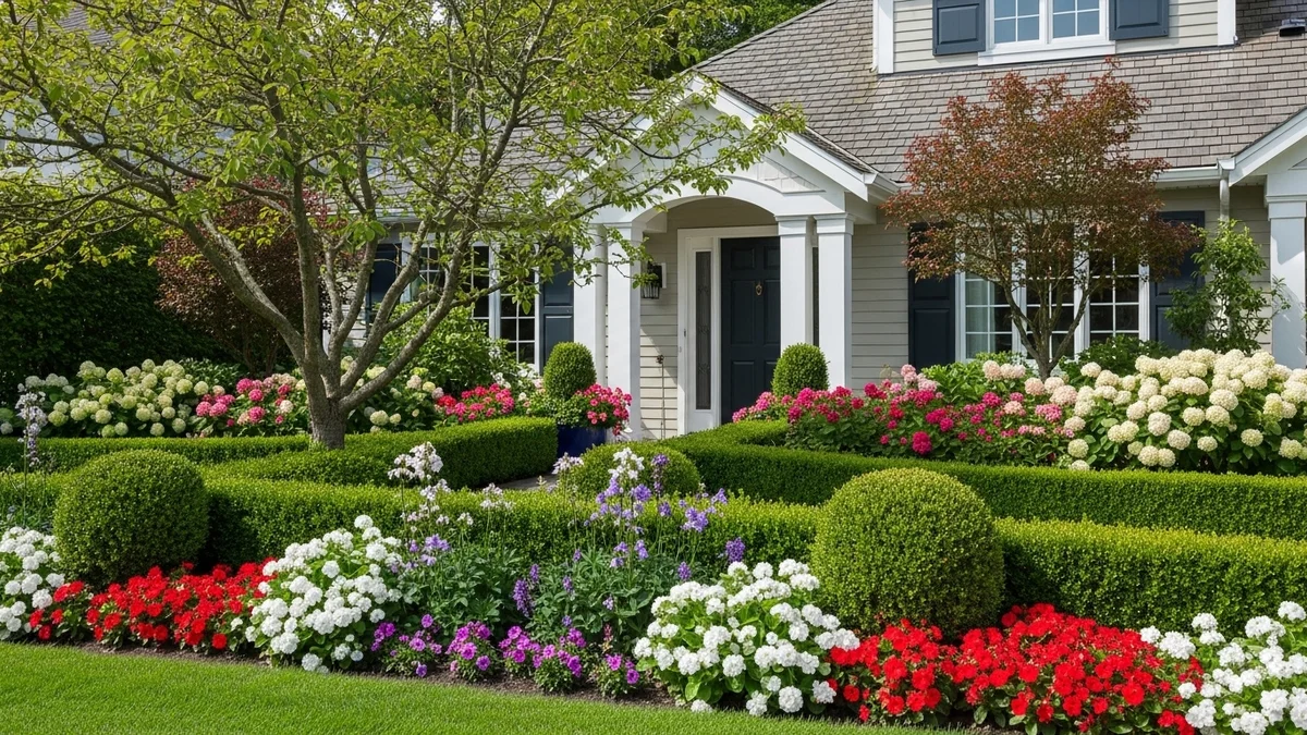 A front yard with manicured hedges and colorful flowers demonstrating high curb appeal.