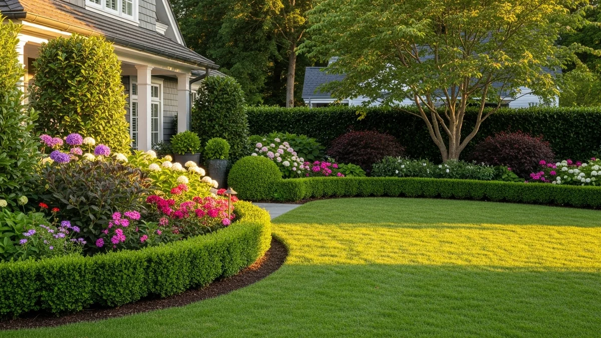A transformed front yard with a green lawn and colorful flowers during golden hour.