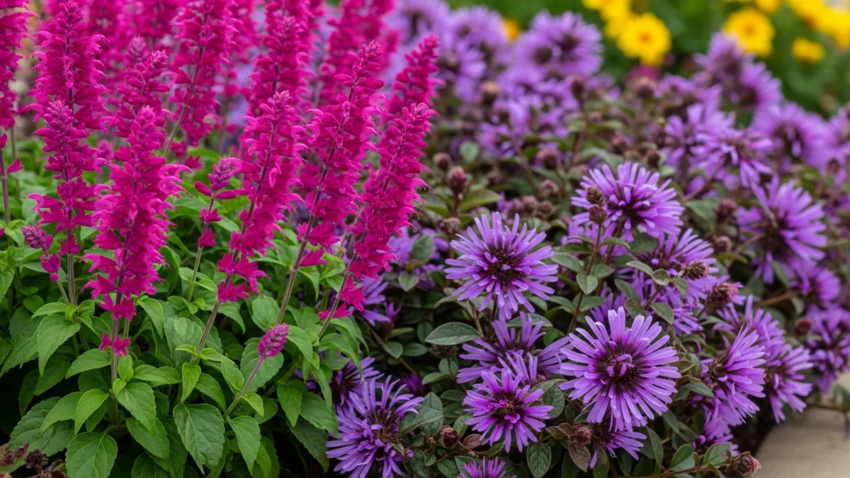 Close-up of 'Hot Lips' Salvia and 'Purple Pixie' Loropetalum in a front yard.