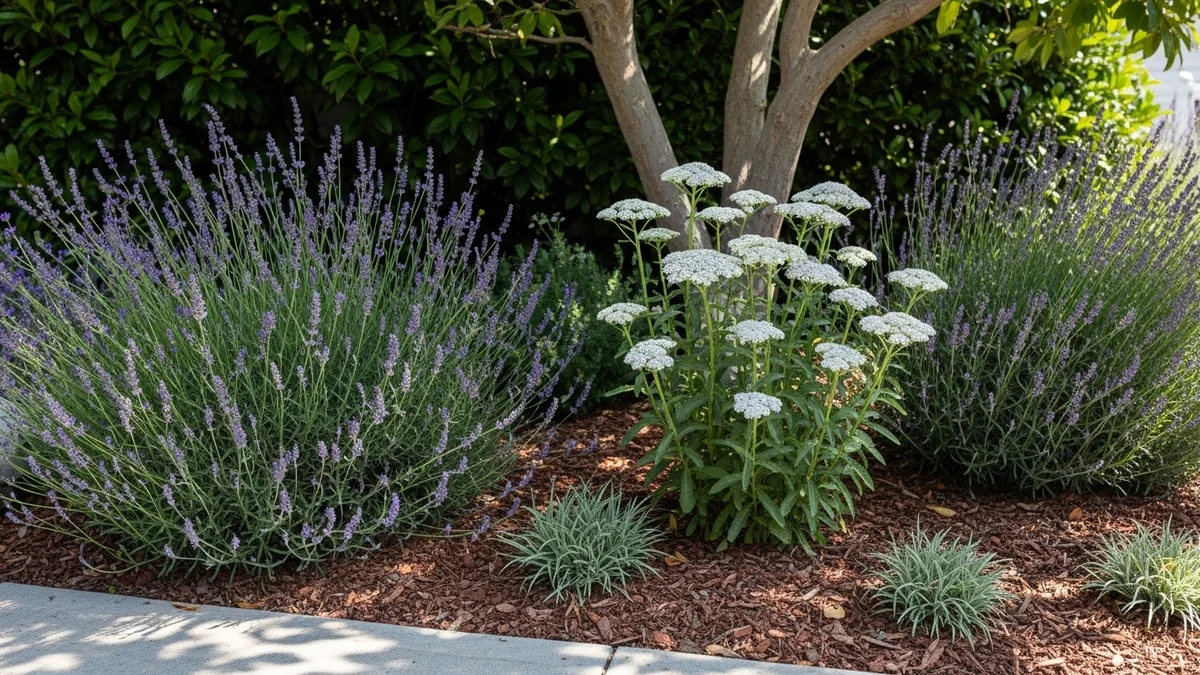 A low-maintenance front yard with Lavender, Yarrow, and mulch.