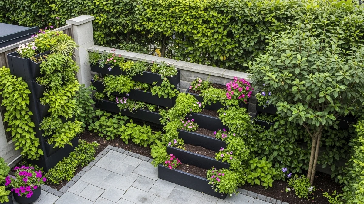 A compact front yard with vertical gardens and tiered planters.