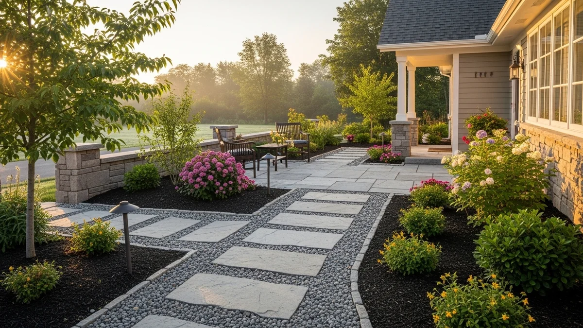 A front yard with a stone pathway and patio integrated with lush greenery.