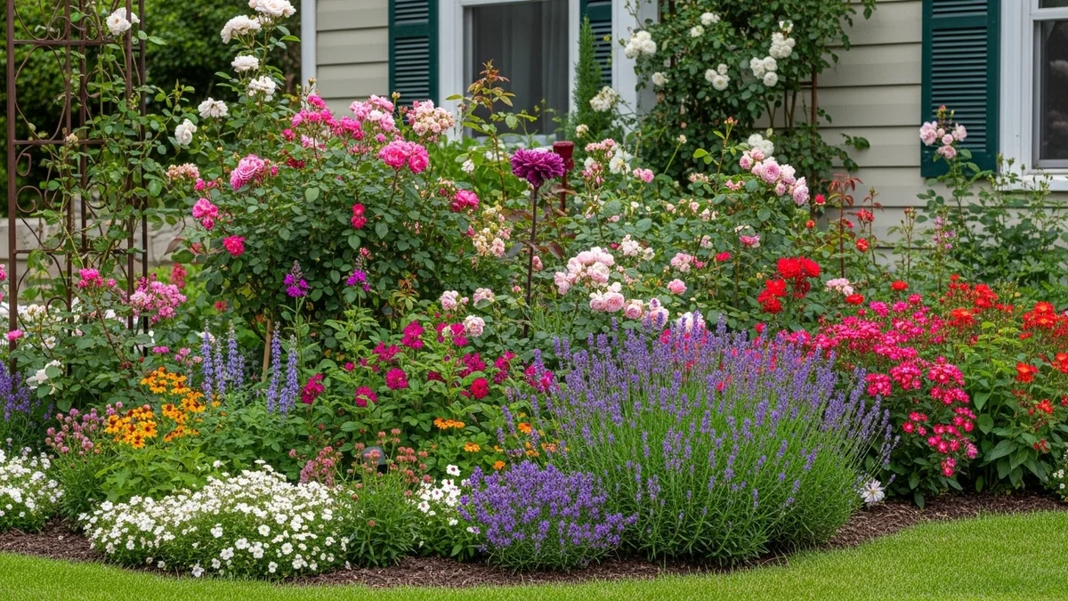 Lush front yard garden with colorful flowers and plants