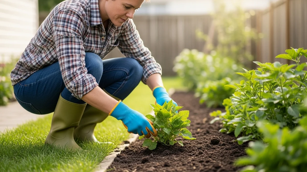Gardener examining soil and plants in a front yard