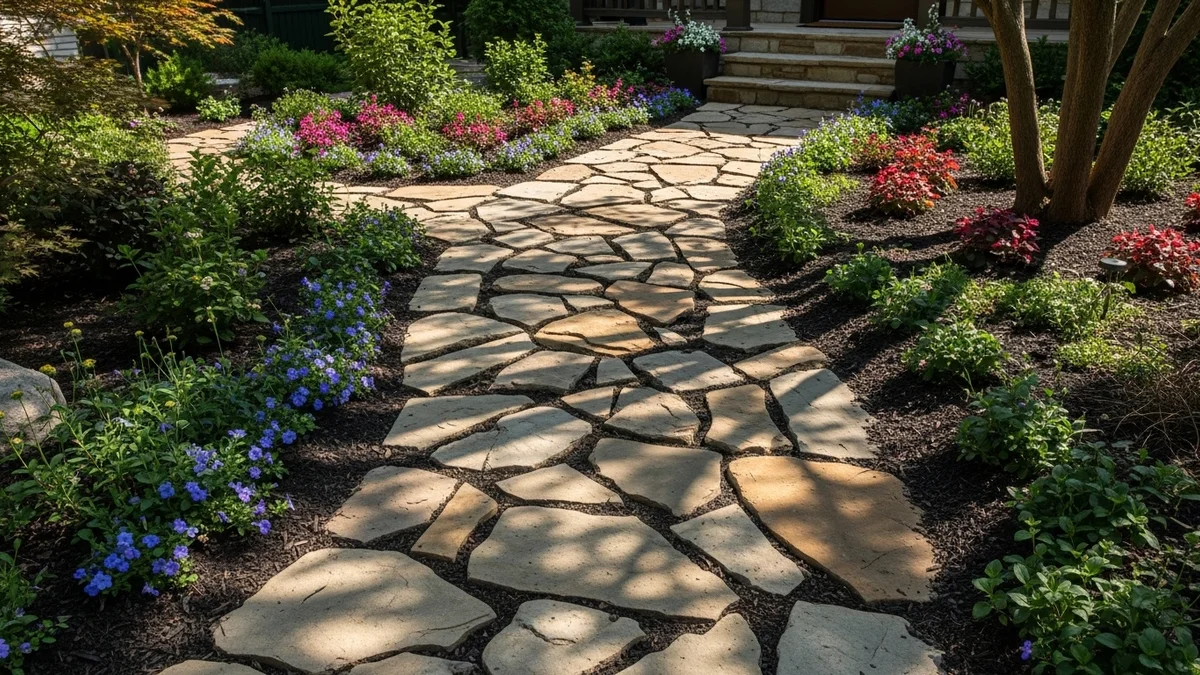 Rustic stone pathway in a landscaped front yard