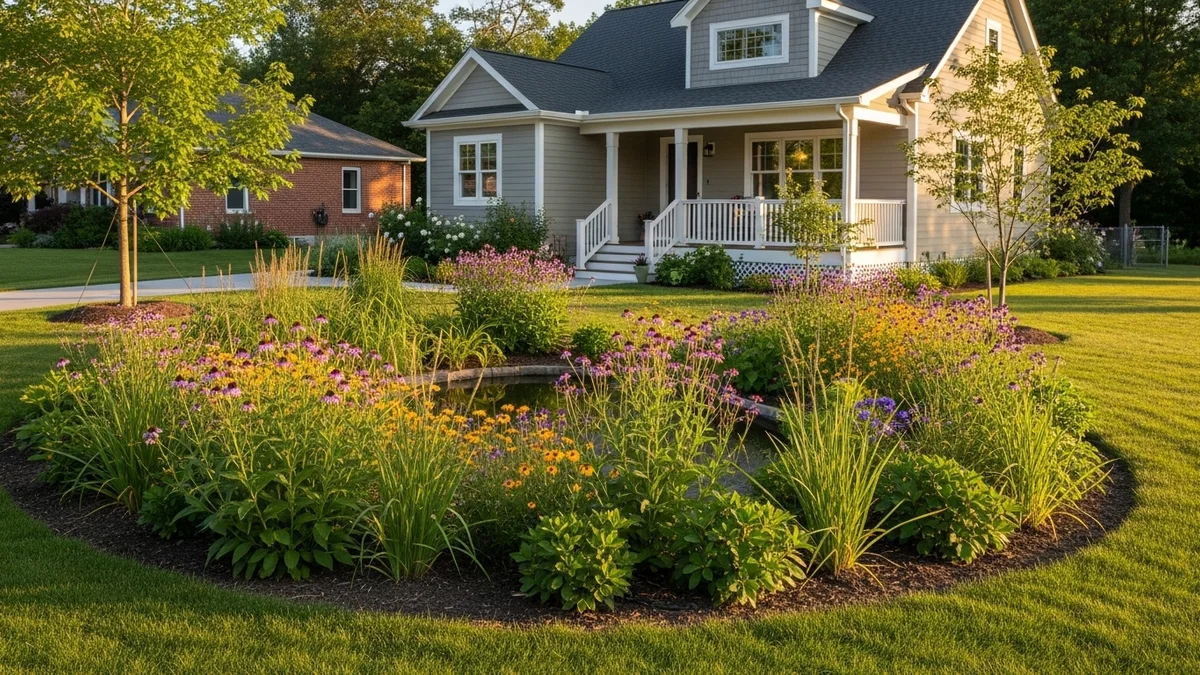 Front yard with a rain garden and native plants