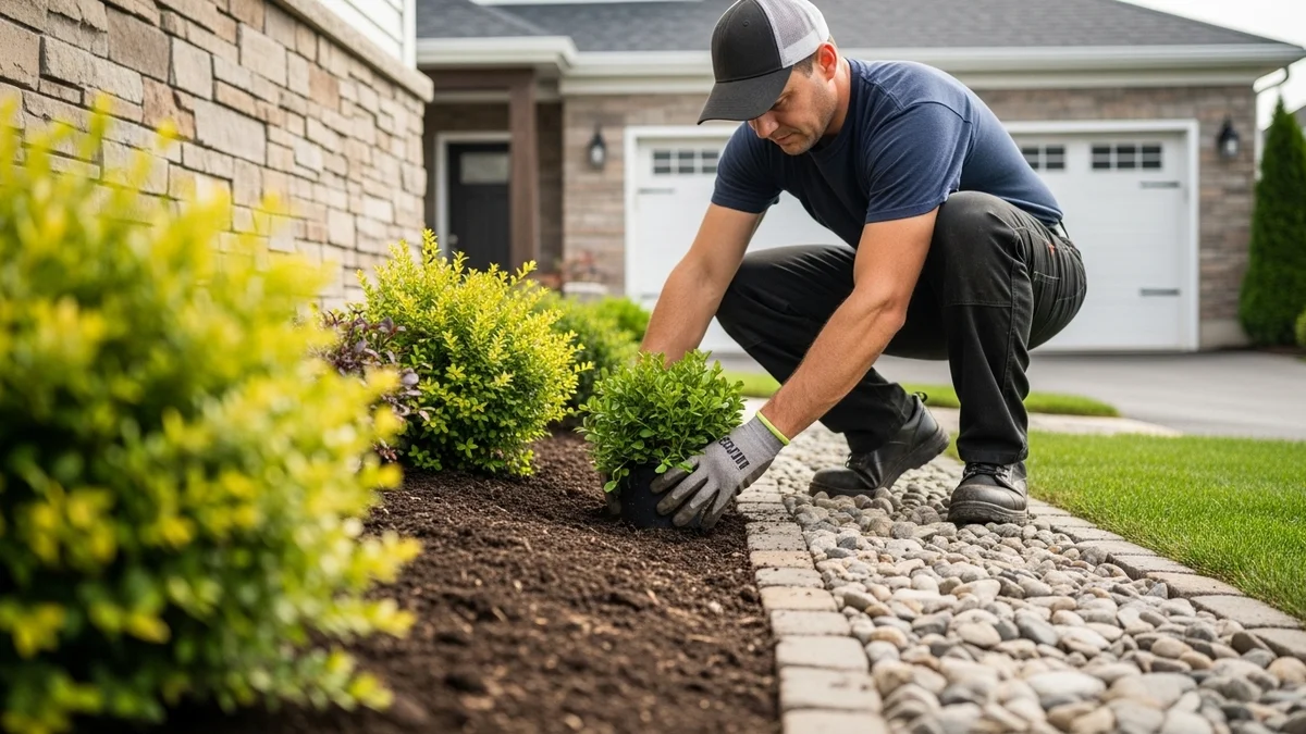 Professional landscaper working on a front yard