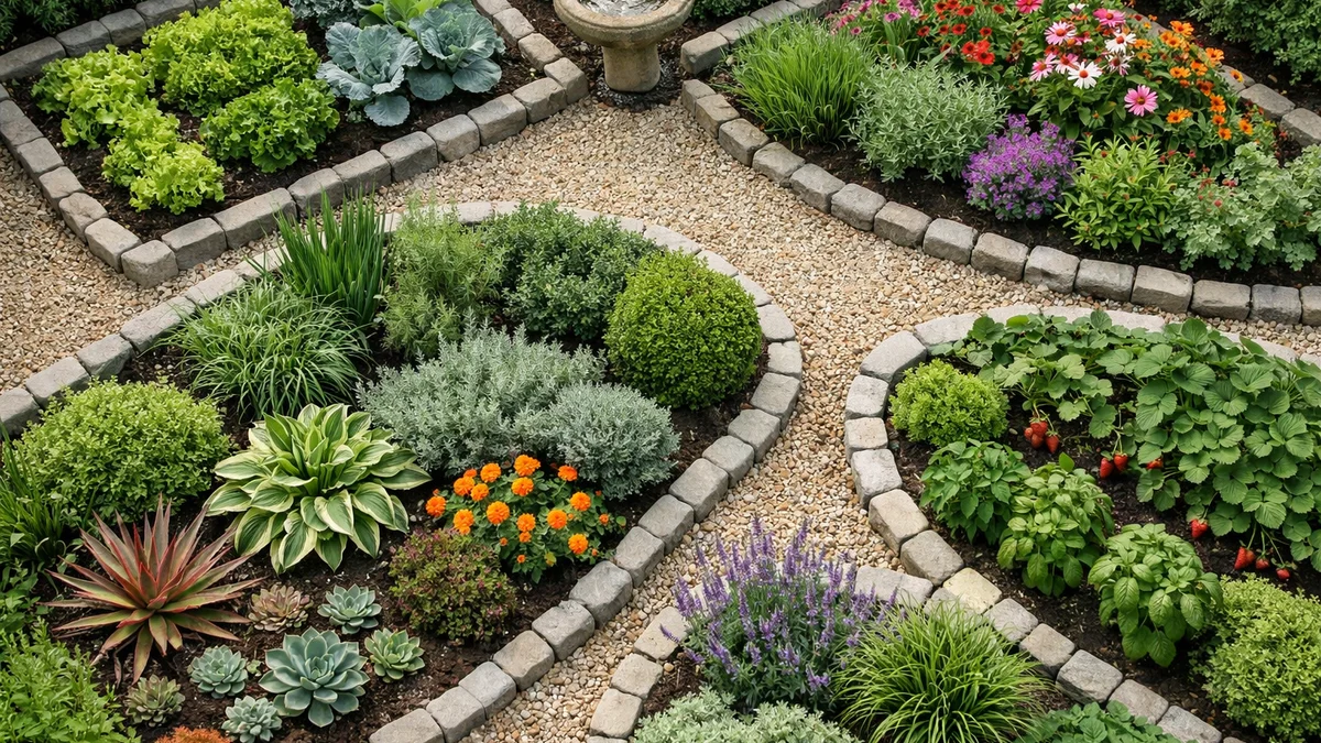 Aerial view of a garden with stone edging defining different plant areas.