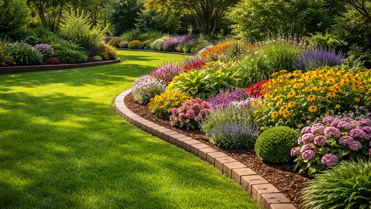 Brick-edged garden with vibrant flowers and a green lawn.