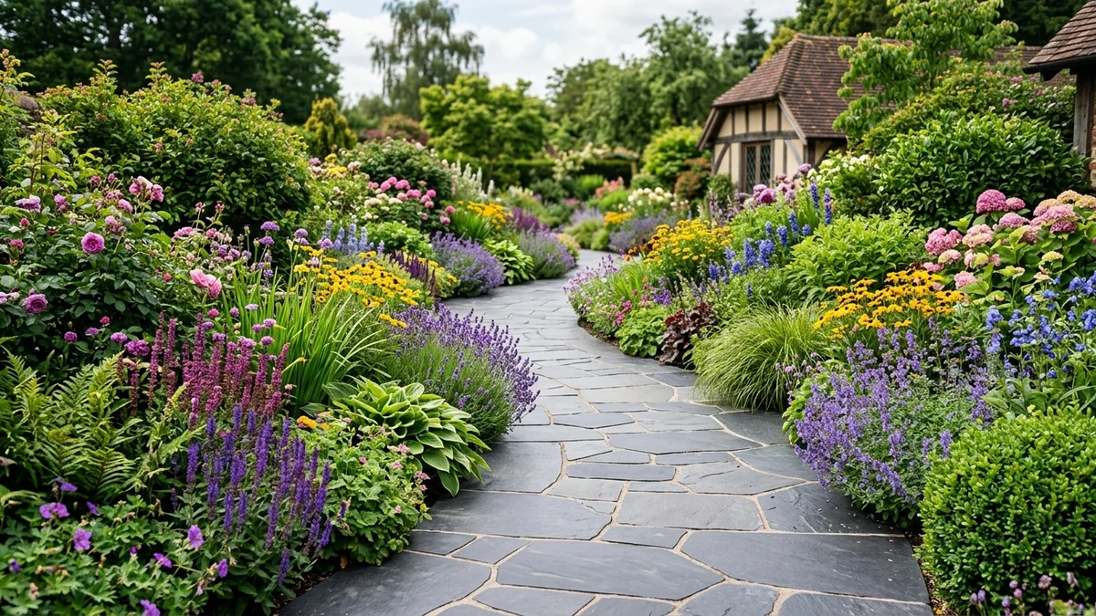 A modern stone pathway flanked by vibrant flowers and shrubs, offering a tranquil garden atmosphere.