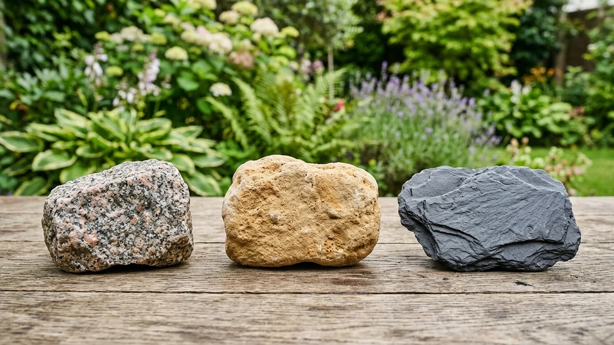 Granite, limestone, and slate stones displayed on a table, showcasing their distinct textures and colors.