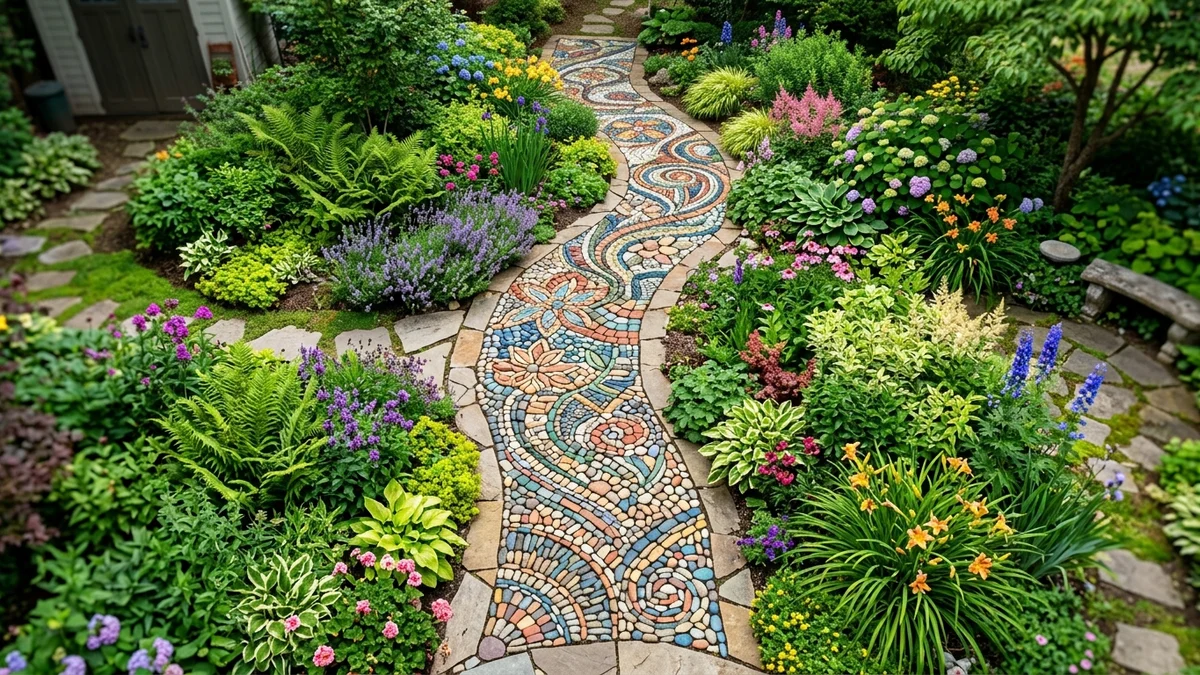 A mosaic stone pathway with intricate designs in a vibrant garden.