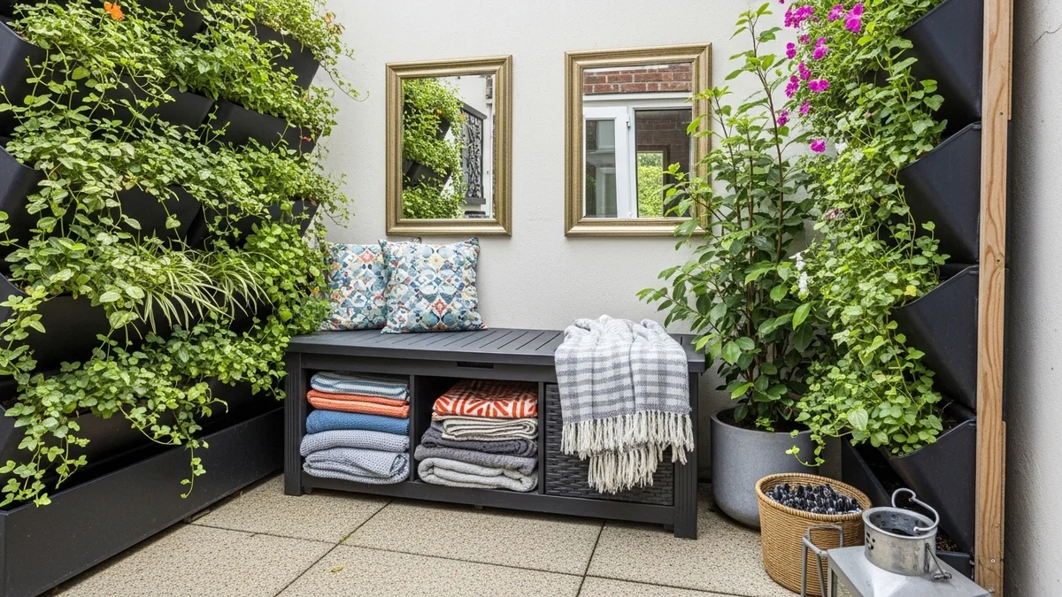 A small patio with vertical gardens, a storage bench, and decorative mirrors enhancing the space.