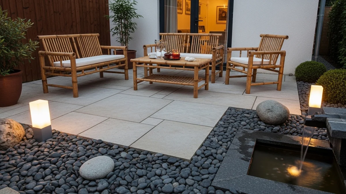 A zen garden style patio with smooth stones, bamboo furniture, and a calming water feature.