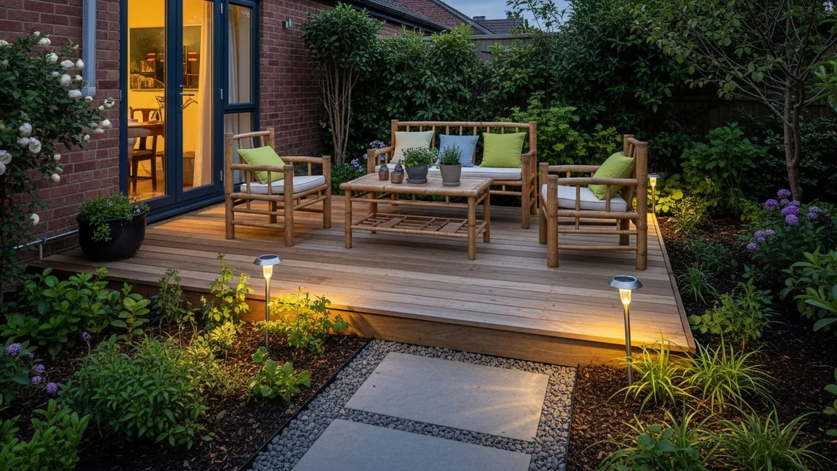 A sustainable patio with recycled wood decking, bamboo furniture, and solar lights at dusk.