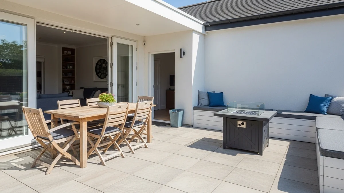 A multi-functional patio with dining, lounging, and built-in seating areas under sunlight.