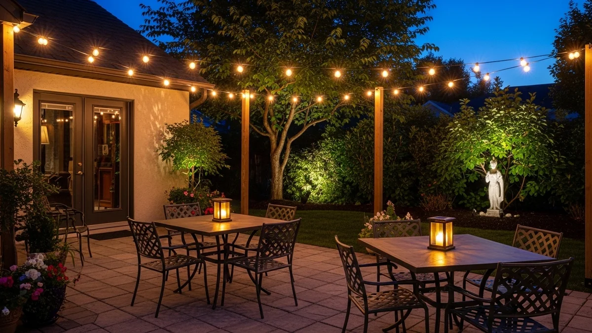 A night-time patio with string lights, solar lanterns, and accent-lit garden sculpture.