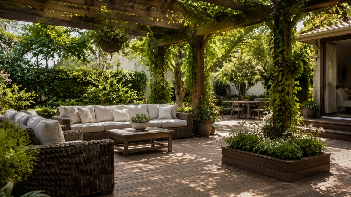 A wooden deck with a pergola and comfortable seating, creating a tranquil patio retreat.