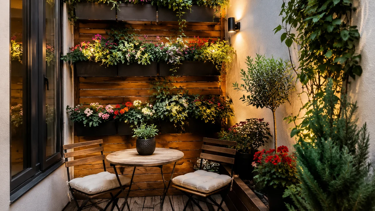 A small cozy patio with vertical wall planters and compact seating.