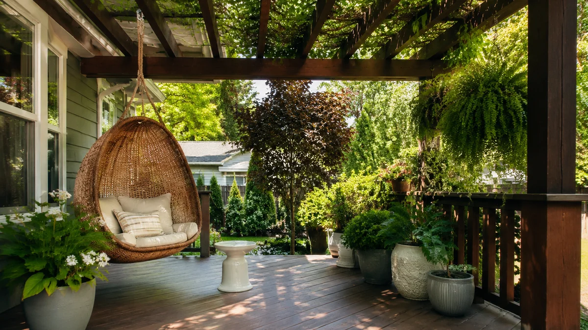 A deck with a pergola and hanging chair, surrounded by potted plants.