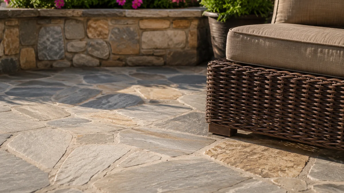 Natural stone patio floor with intricate patterns and durable outdoor furniture.