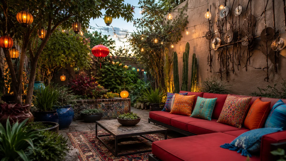 A patio with colorful cushions, string lights, and a metal sculpture.